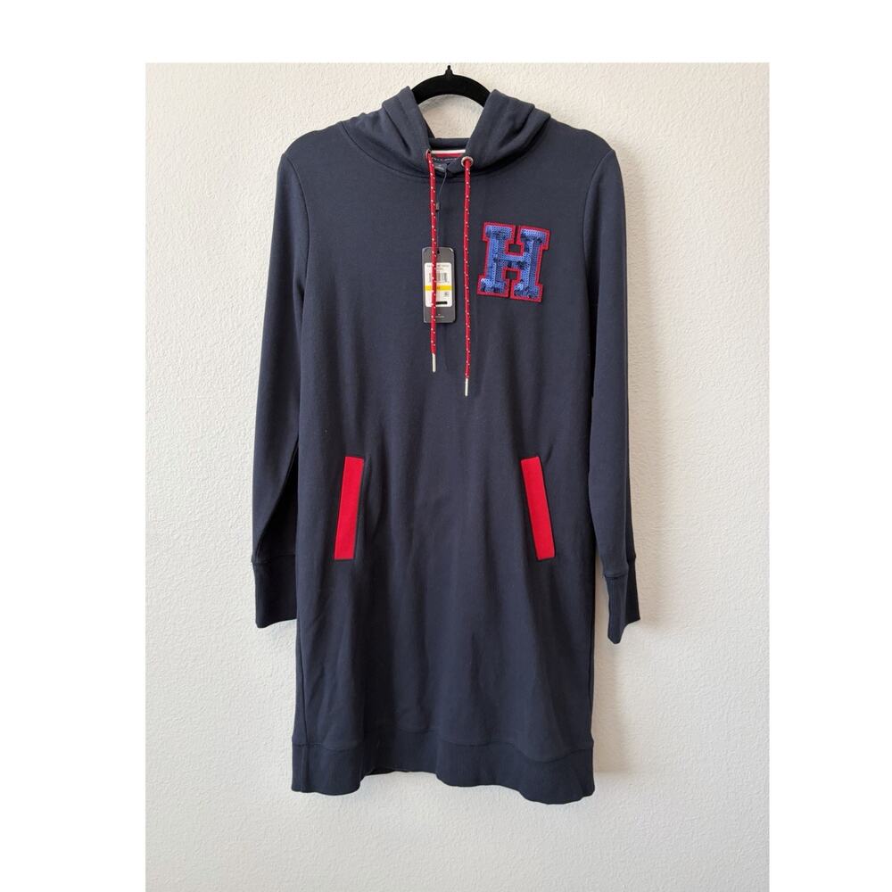 NWT Tommy Hilfiger Logo Sequin H Pullover Hoodie Sweatshirt Dress Blue/Red M